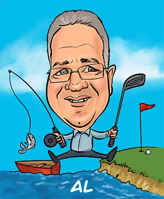 Caricature of a man named Al holding a fishing rod with a fish on the line in one hand and a golf club in the other, standing between a body of water and a golf green.