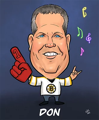 Caricature of MR MIKES team member Don wearing a hockey jersey, holding a foam finger, with music notes in the background.