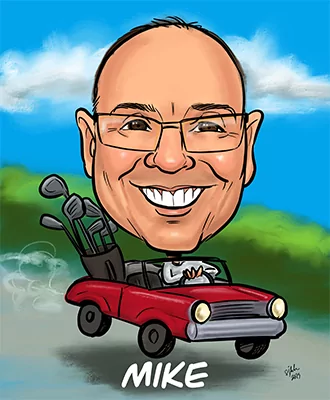 Caricature of a smiling MR MIKES team member named Mike driving a red car with golf clubs in the back, set against a backdrop of blue sky and greenery.