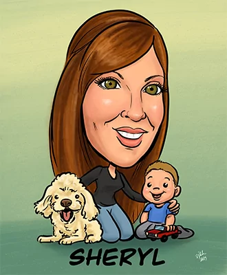 Caricature of a MR MIKES team member named Sheryl with a child and a dog.