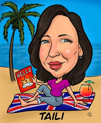 Caricature of a MR MIKES team member named Taili relaxing on a beach towel with a drink and a magazine.