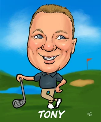 Caricature of MR MIKES team member Tony holding a golf club on a course.