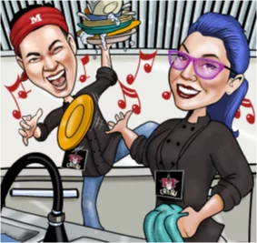 A playful cartoon illustration of two energetic Mr MIKES crew members washing dishes, with musical notes floating around them, highlighting their fun and upbeat work environment.