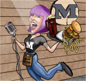 A fun cartoon illustration of a Mr MIKES Steakhouse server with purple hair, balancing a microphone, a beer mug, and a tray of burgers and fries, highlighting the restaurant’s lively atmosphere.