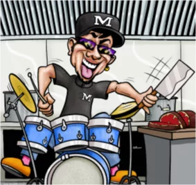 A cartoon illustration of a Mr MIKES employee enthusiastically playing drums with a meat cleaver in one hand, surrounded by kitchen equipment and sliced meat.