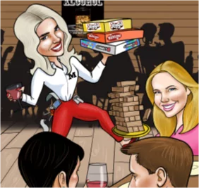 A cartoon illustration of a Mr MIKES server balancing board games and a Jenga tower while serving a table of smiling guests.