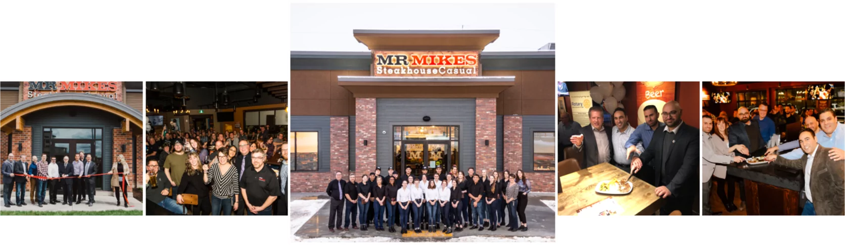 Collage of MR MIKES Steakhouse Casual events, featuring ribbon-cuttings, team members posing in front of the restaurant, and staff gatherings inside the restaurant.