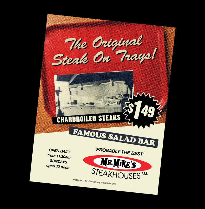 Vintage MR MIKES advertisement promoting charbroiled steaks for $1.49 and a famous salad bar.