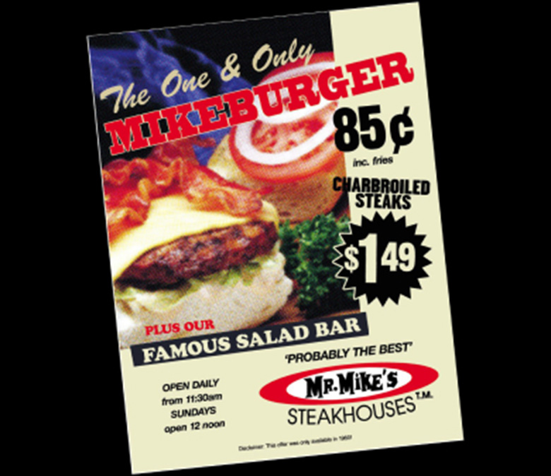 Promotional poster for Mr. Mike's Steakhouse featuring Mikeburger and salad bar details.